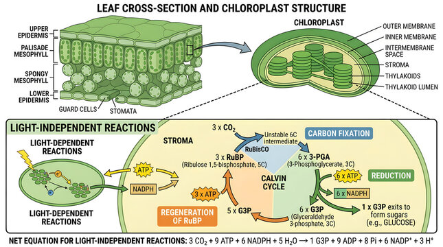 Detailed diagram of leaf cross-section, chloroplast structure, and light-independent reactions.