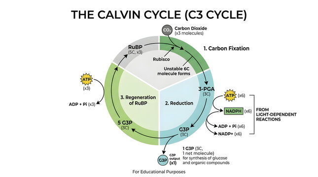 Circular diagram of the Calvin cycle, also known as the C3 cycle, illustrating its three phases.