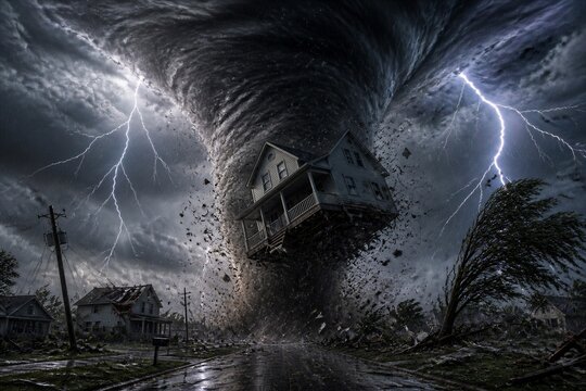 House lifted by tornado over stormy suburban road with lightning
