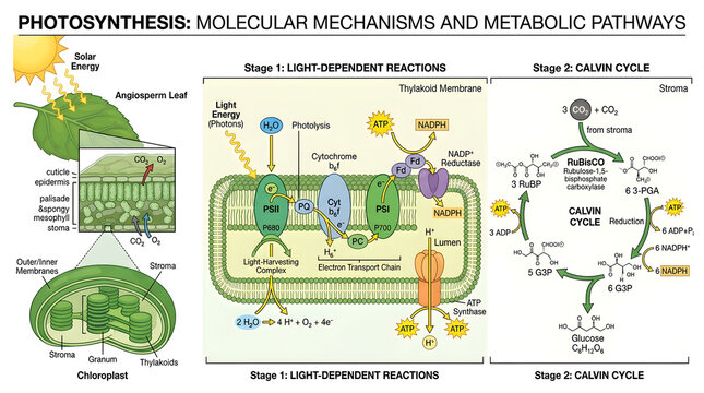 Molecular mechanisms and metabolic pathways of photosynthesis in chloroplasts and leaf cell structure.