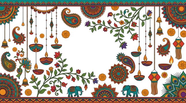 Intricate indian decorative border with floral motifs elephants and peacock elements for festive designs