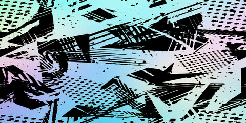 Urban street art style background with chaotic black ink geometric patterns and grid textures on light pastel gradient wash. © MdAshraful