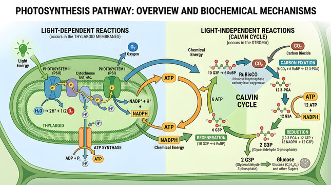 Photosynthesis pathway overview biochemical mechanisms light-dependent and light-independent reactions diagram.