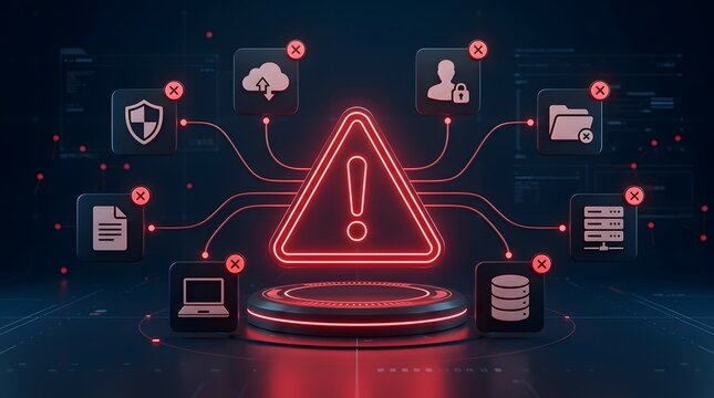 Critical system failure network error alert with disconnected digital icons representing data breach and ransomware attack