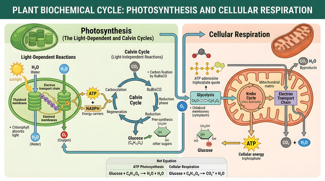 Plant biochemical cycle photosynthesis cellular respiration energy flow and net equation diagram.