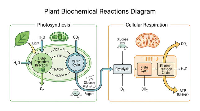 Plant biochemical reactions diagram showing photosynthesis and cellular respiration processes.