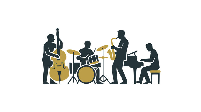 Silhouette of jazz band musicians playing.
