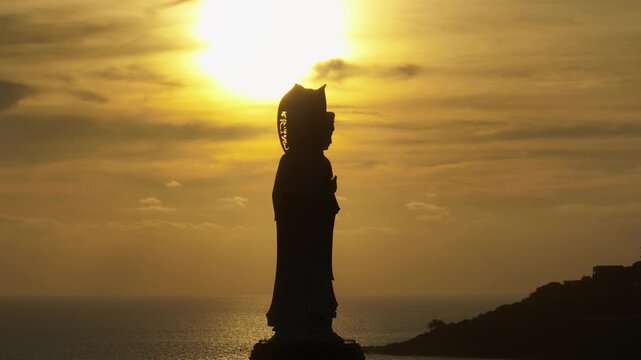 Aerial view of Guanyin statue at seaside in nanshan temple, hainan island , China