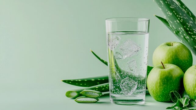 health image featuring a glass of clear water with a few chunks of fresh aloe vera pulp floating in it, next to whole aloe vera leaves and some green apples