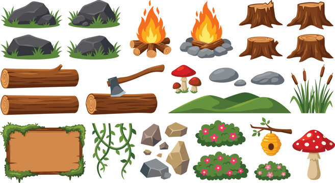 Camping and forest nature element clip art vector set with bonfire tree stumps logs axe rocks and wooden sign.