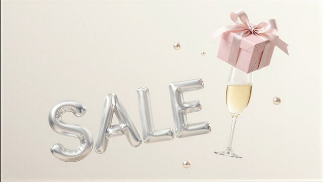 Silver "SAE" letters, pink gift box, champagne glass against soft beige background.