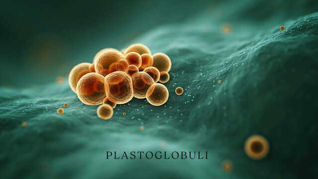 A cluster of plastoglobuli organelles in plant cells are visible under a microscope in a greenish environment  science concept