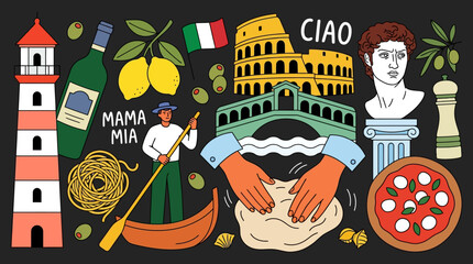Italian Culture and Tourism Flat Vector Illustration Collage with Landmarks and Food © Cersu