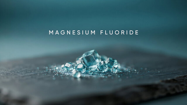 Magnesium fluoride crystals on a surface in a laboratory setting for industrial or scientific applications and research purposes