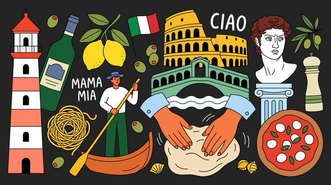 Italian Culture and Tourism Flat Vector Illustration Collage with Landmarks and Food