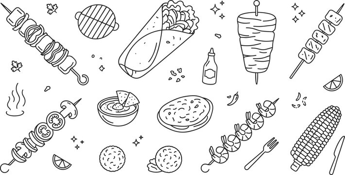 Barbecue Kebab and Shawarma Wrap Food Icon Set with Grilled Shrimp Skewer Elements