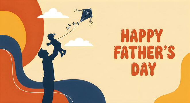 Happy father's day illustration dad and child flying a kite