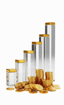 Financial growth chart with silver bar pillars and gold coins symbolizing investment success, profit, and economic wealth on white background