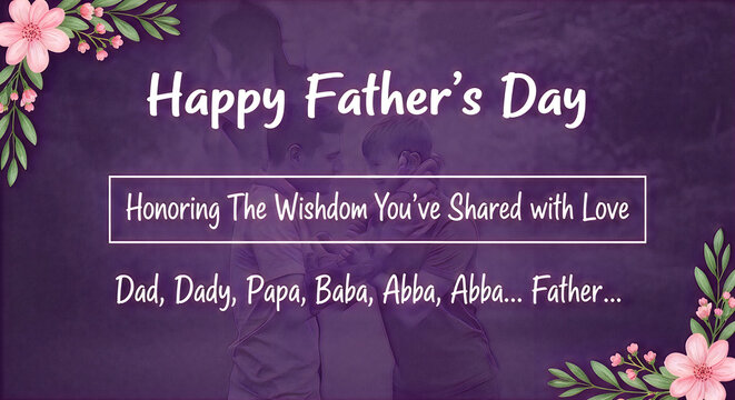 Happy father's day card with loving embrace and floral accents
