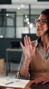 Excited, woman or high five in meeting in office for brand partnership, employee praise or pride. Happy, marketing manager or colleague celebration at desk for campaign launch, ROAS target or support