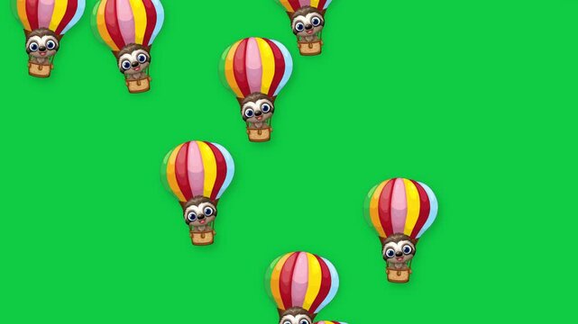 Cartoon Sloth Characters Falling in Colorful Hot Air Balloons on Green Screen
