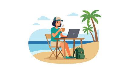 Digital Nomad Working on Laptop at Tropical Beach © Muhammad