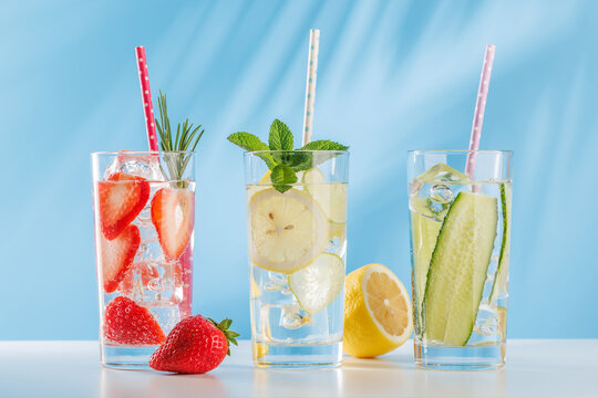 Set of fresh non alcoholic drinks with strawberry cucumber and lemon on blue background