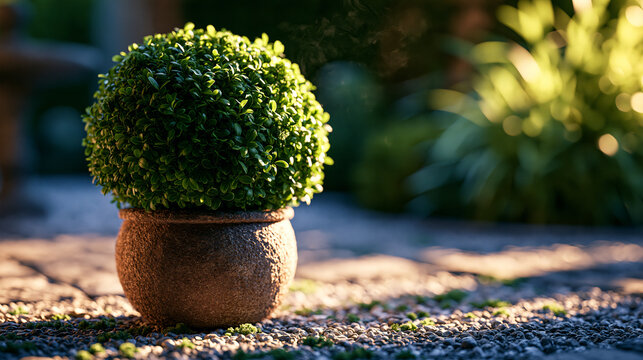 Spherical green topiary tree in rustic decorative pot placed on outdoor sunlit stone patio