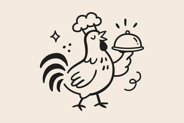 Cute Rooster Chef Holding Serving Tray Hand Drawn Naive Doodle Vector Illustration, Funny Farm Chicken Character, Restaurant Menu Mascot, Rustic Kitchen Clipart, Cartoon Poultry Design © Daishin