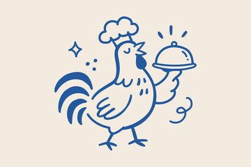 Cute Rooster Chef Holding Serving Tray Hand Drawn Naive Doodle Vector Illustration, Funny Farm Chicken Character, Restaurant Menu Mascot, Rustic Kitchen Clipart, Cartoon Poultry Design © Daishin