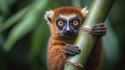 Fototapeta premium wildlife portrait of a rare golden bamboo lemur clinging to a thick stalk of bamboo in a rainforest