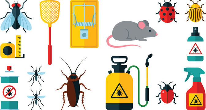Pest Control and Extermination Vector Icon Set Featuring Insecticide Sprayer Mousetrap Cockroach Mosquito Fly and Rodent Symbols for Sanitary Disinfection Designs