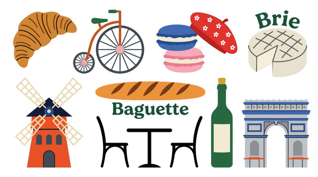 French Culture Icons and Paris Landmarks Vector Set