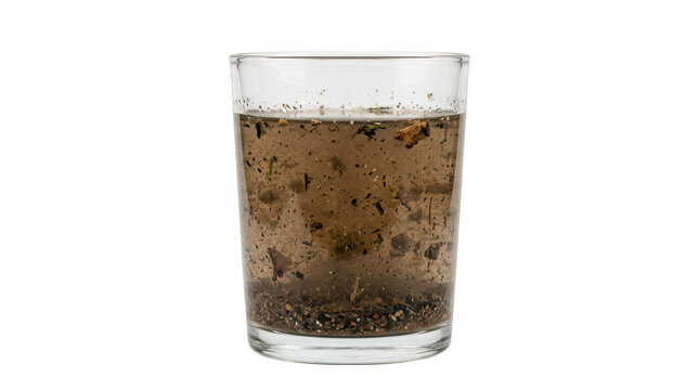Glass of water with floating coffee grounds isolated on transparent background
