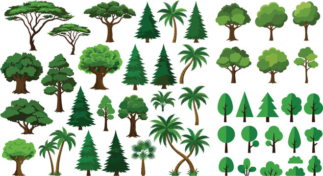 Green trees and plants collection with flat cartoon pine palm oak forest vector design elements