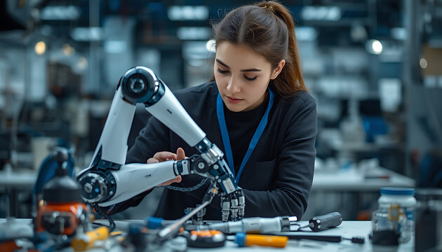 Female Engineer Programming Advanced Robotic Arm in Modern Technology Laboratory, Innovation and Automation Research Concept