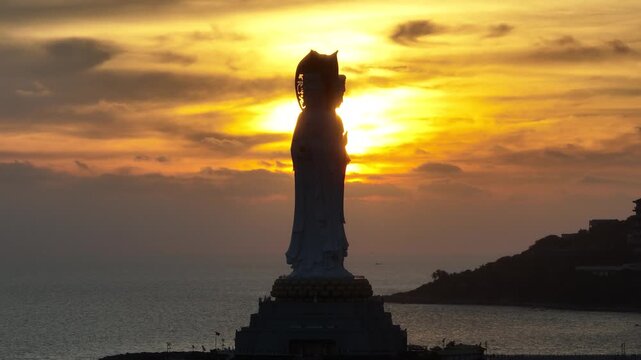 Aerial view of Guanyin statue at seaside in nanshan temple, hainan island , China
