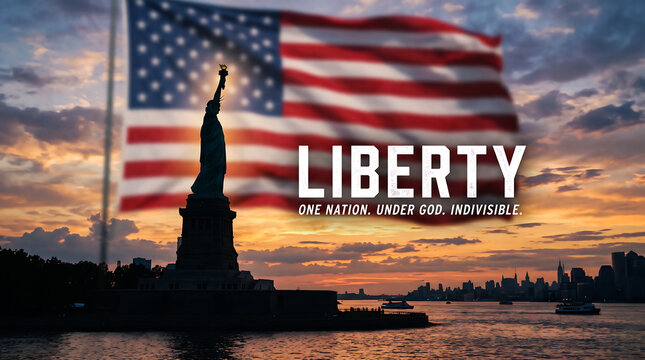Statue of Liberty silhouette with American flag and text Liberty One Nation Under God Indivisible