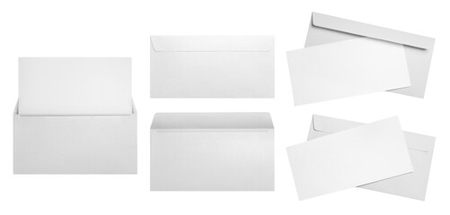 Fototapeta premium Set of white envelopes with blank letter cards, isolated on cutout transparent background