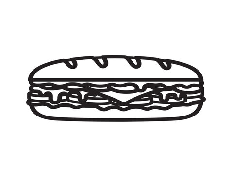 Cheesesteak sandwich icon. Philly steak sub line art. Fast food symbol.