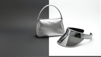 Obraz premium Silver handbag and visor on minimalist black-white background.