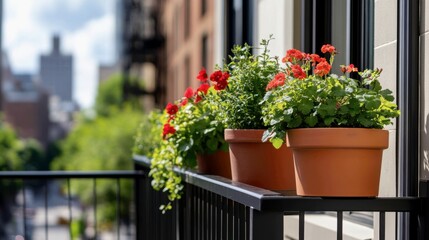 Fototapeta premium a sunny city balcony. Three different sized terracotta pots are lined up on the metal railing, overflowing with colorful red geraniums