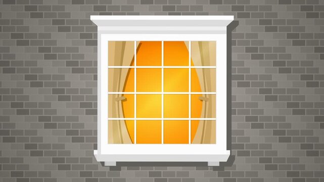House Window on Grey Brick Wall with Warm Interior Light Turning On Animation
