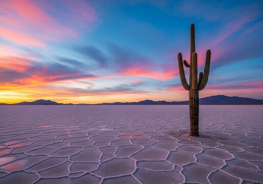 Saguaro cactus standing in the middle of a vast salt flat at sunset with a colorful sky