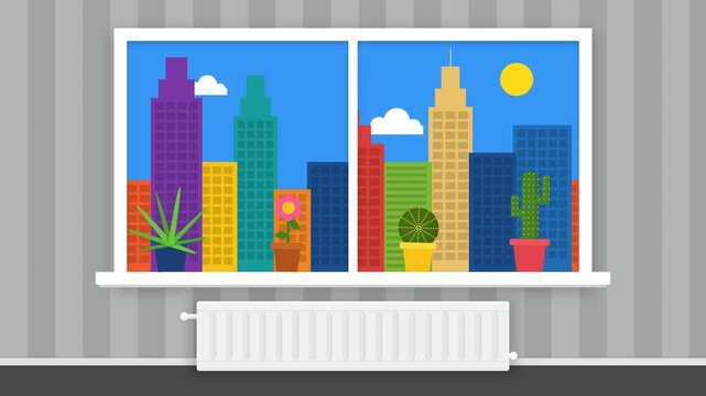 Colorful City Skyline View from Interior Window with Growing Potted Plants Flat Vector Animation