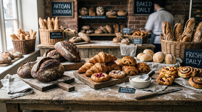 Artisan bakery display with assorted fresh bread and pastries on wooden table