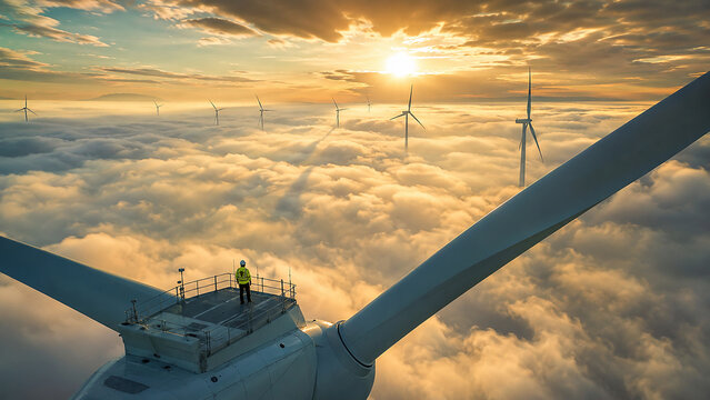 Wind Turbine Technician Standing on Nacelle Above Golden Sunset Clouds,夕焼けの雲海に浮かぶ風力発電機のナセル上に立つ技術者