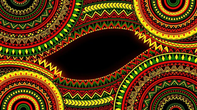 Vibrant circular tribal patterns in red, yellow, and green frame a black center, showcasing intricate geometric designs inspired by African art styles.