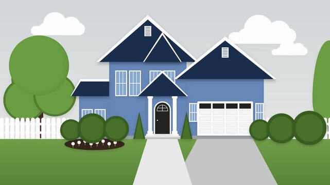 Modern Flat 2D Animation of Suburban Blue Residential House with Garage and Garden