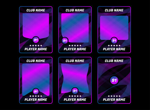 Modern neon esports player card template with editable photo layouts, club name, rating badge and profile design for sports games, collectible cards, tournaments and gaming UI.